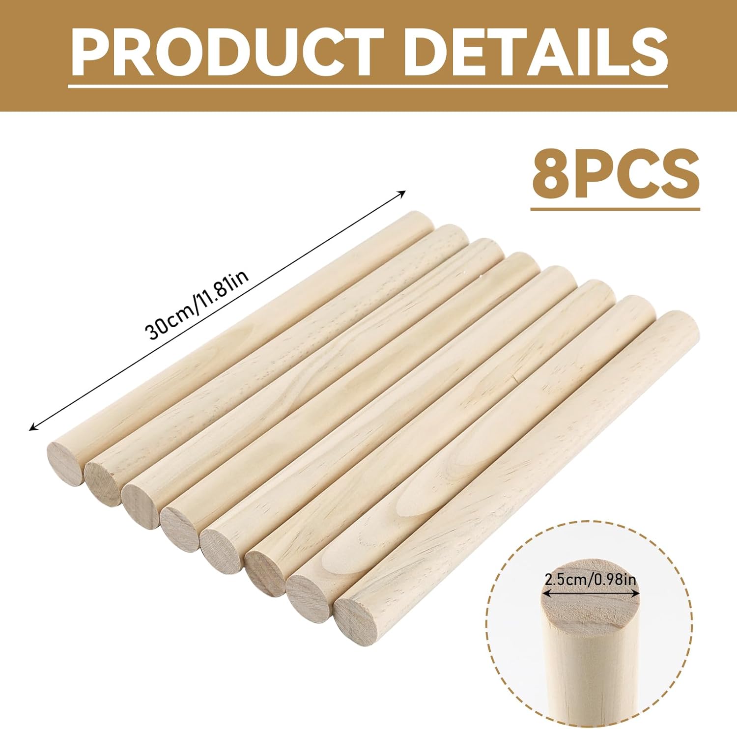 QINGYIWL 8 Stück Holzstäbchen, 2.5 cm x 30 cm Rundholz, Holzstäbe zum Basteln, Natürliche Rundstab Holz für DIY Bastelartikel, Dekorationen